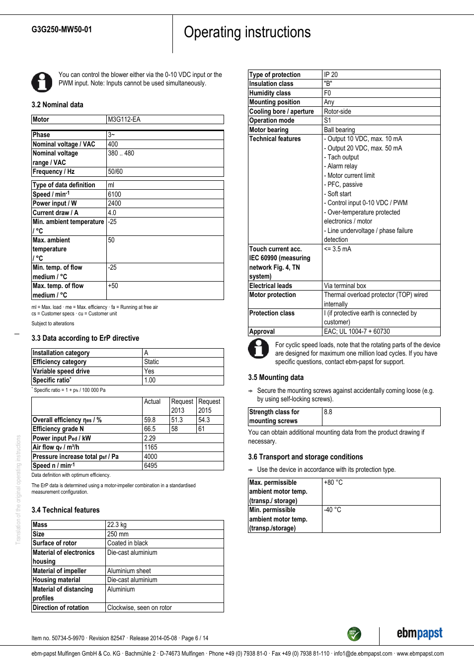 Operating instructions | ebm-papst G3G250-MW50-01 User Manual | Page 6 / 14