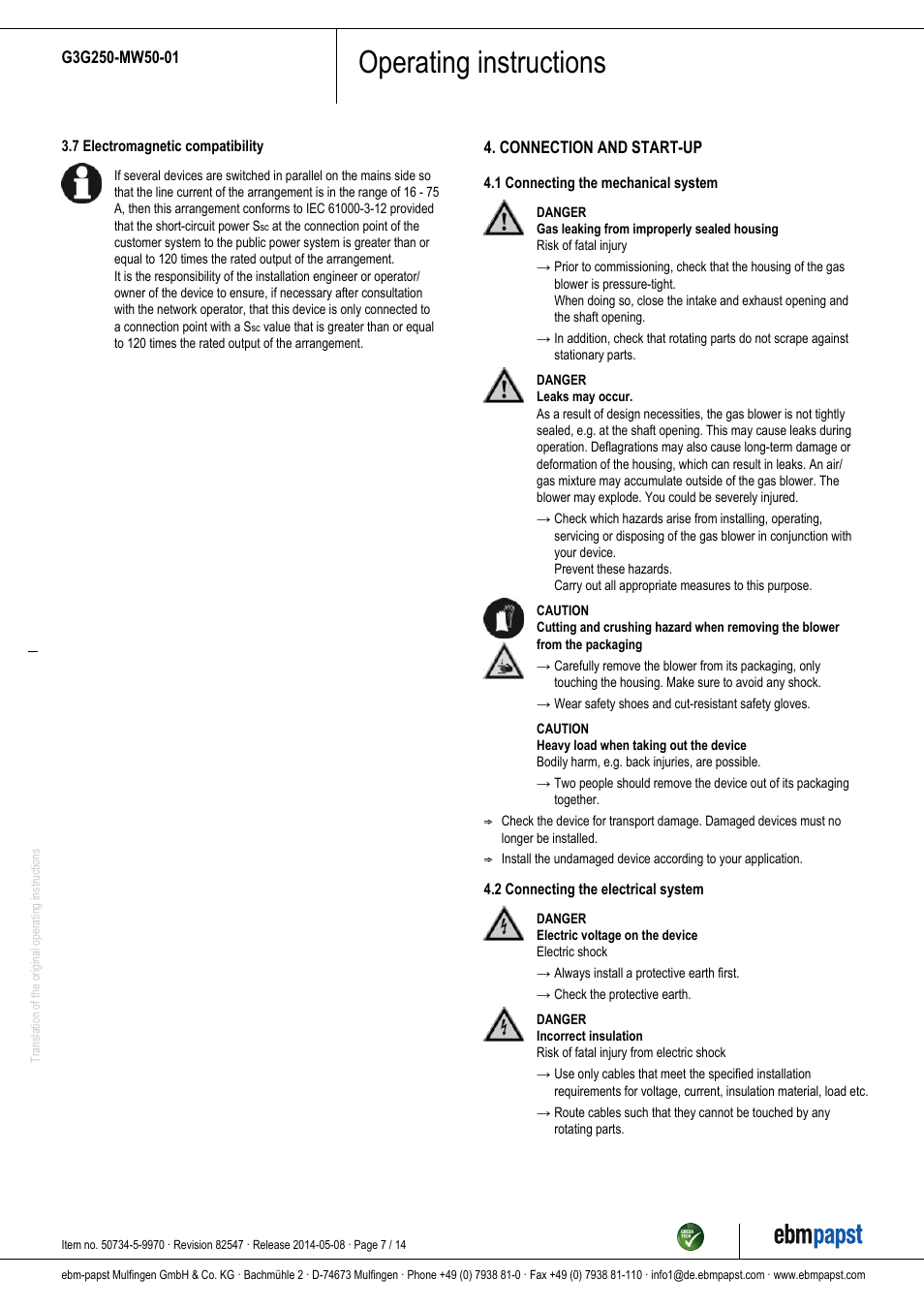 Operating instructions | ebm-papst G3G250-MW50-01 User Manual | Page 7 / 14