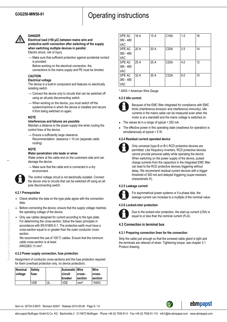Operating instructions | ebm-papst G3G250-MW50-01 User Manual | Page 8 / 14