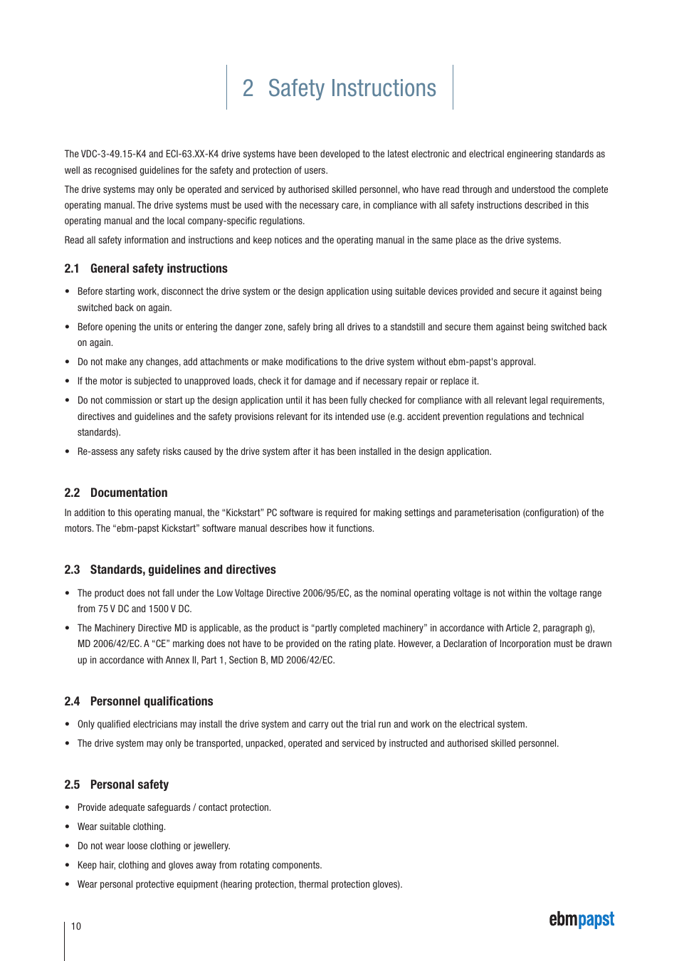 2 safety instructions, 1 general safety instructions, 2 documentation | 3 standards, guidelines and directives, 4 personnel qualifications, 5 personal safety | ebm-papst ECI-63.XX-K4 User Manual | Page 10 / 112