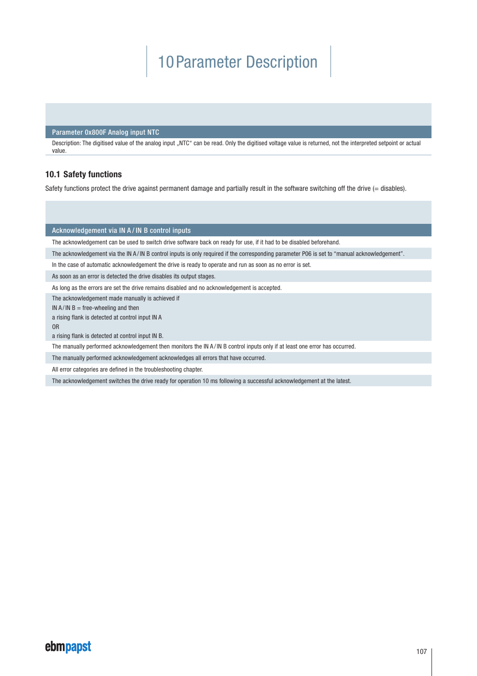 1 safety functions, 10 parameter description | ebm-papst ECI-63.XX-K4 User Manual | Page 107 / 112