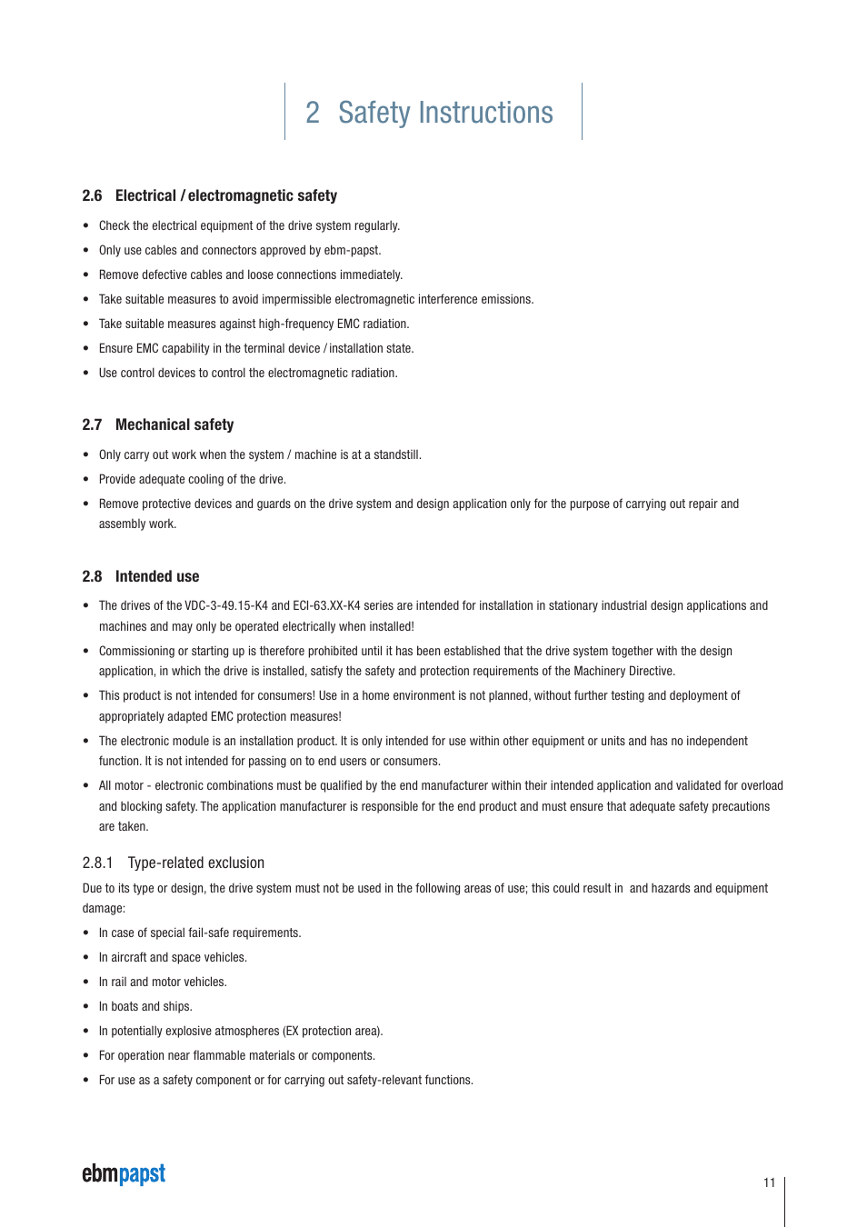 6 electrical / electromagnetic safety, 7 mechanical safety, 8 intended use | 1 type-related exclusion, 2 safety instructions | ebm-papst ECI-63.XX-K4 User Manual | Page 11 / 112