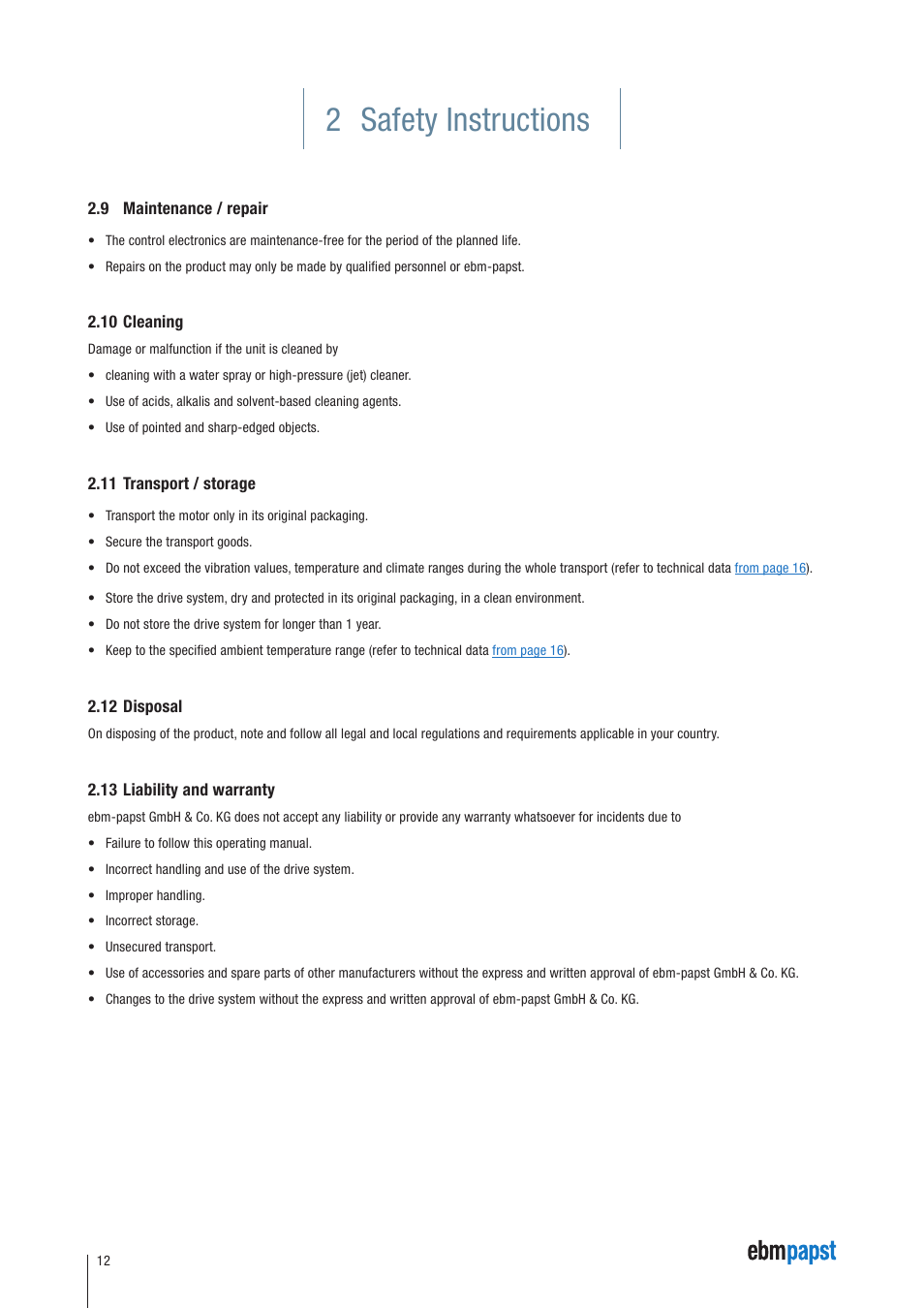 9 maintenance / repair, 10 cleaning, 11 transport / storage | 12 disposal, 13 liability and warranty, 2 safety instructions | ebm-papst ECI-63.XX-K4 User Manual | Page 12 / 112