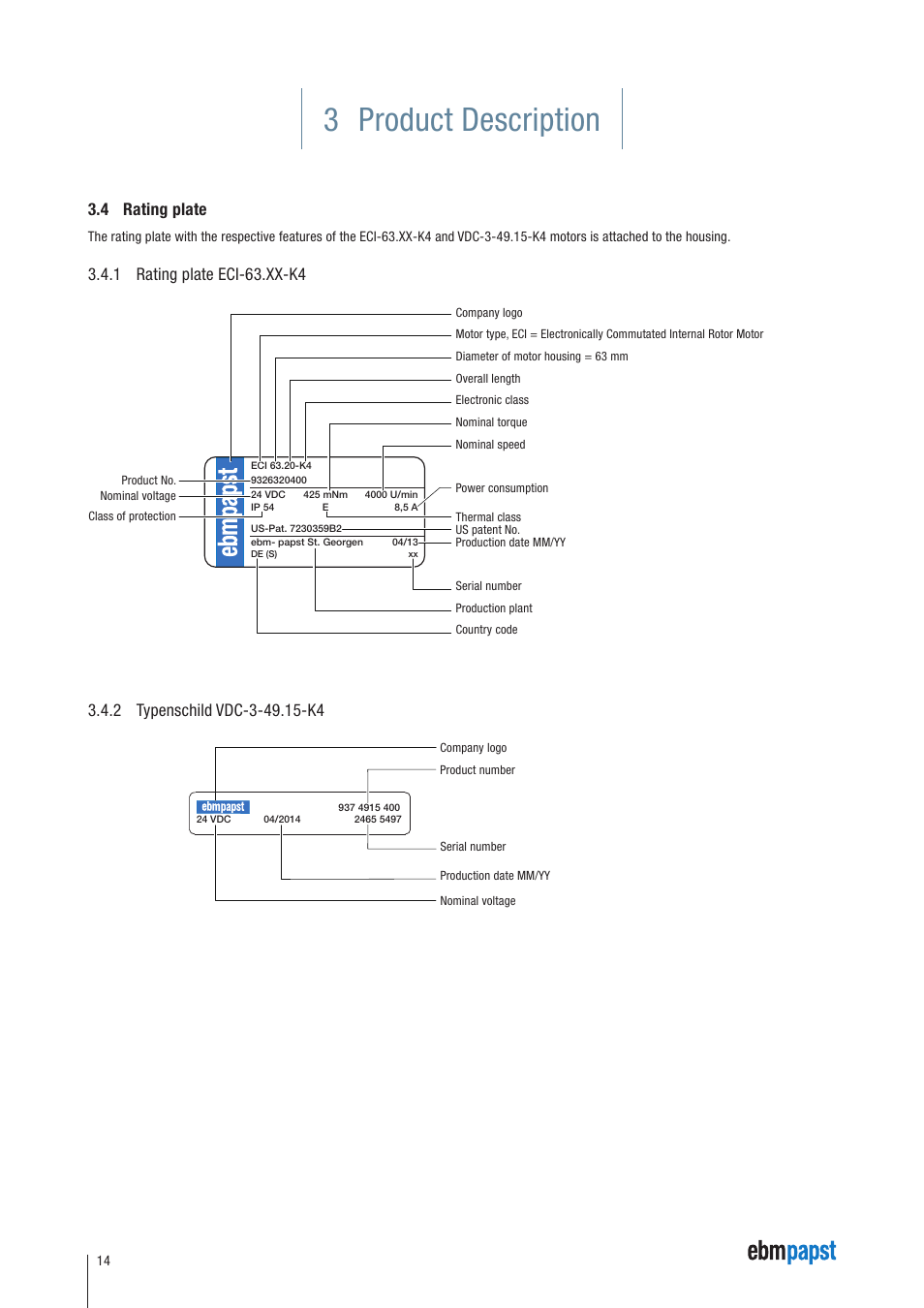 4 rating plate, 1 rating plate eci-63.xx-k4, 2 typenschild vdc-3-49.15-k4 | 3 product description | ebm-papst ECI-63.XX-K4 User Manual | Page 14 / 112