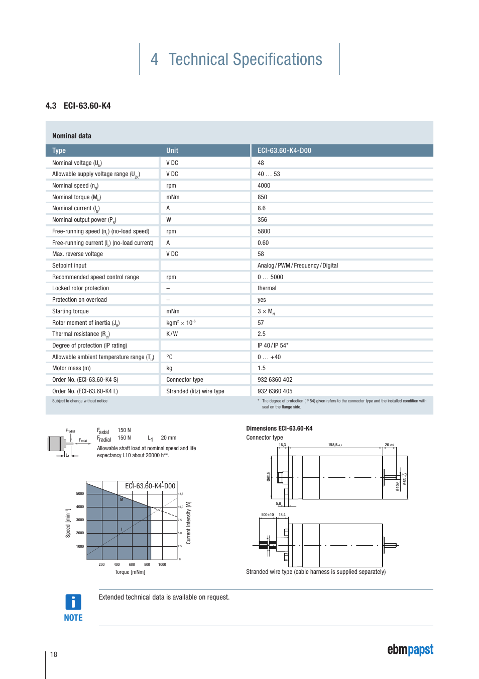 3 eci-63.60-k4, 4 technical specifications, Extended technical data is available on request | ebm-papst ECI-63.XX-K4 User Manual | Page 18 / 112