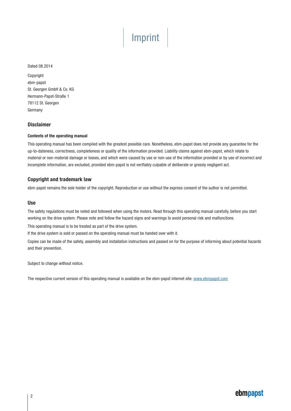 Imprint | ebm-papst ECI-63.XX-K4 User Manual | Page 2 / 112