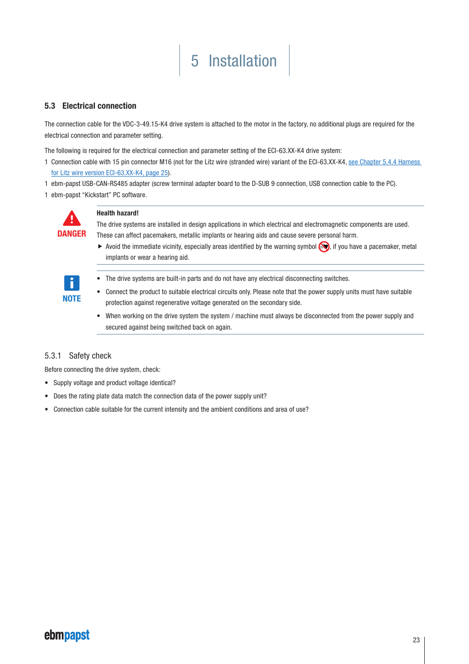 3 electrical connection, 1 safety check, 5 installation | ebm-papst ECI-63.XX-K4 User Manual | Page 23 / 112