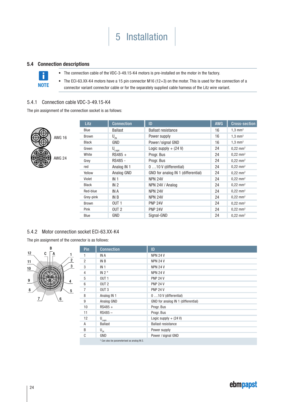 4 connection descriptions, 1 connection cable vdc-3-49.15-k4, 2 motor connection socket eci-63.xx-k4 | 5 installation | ebm-papst ECI-63.XX-K4 User Manual | Page 24 / 112