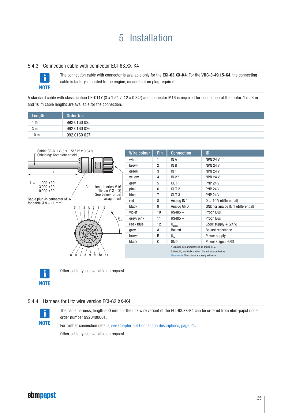 3 connection cable with connector eci-63.xx-k4, 4 harness for litz wire version eci-63.xx-k4, 5 installation | ebm-papst ECI-63.XX-K4 User Manual | Page 25 / 112