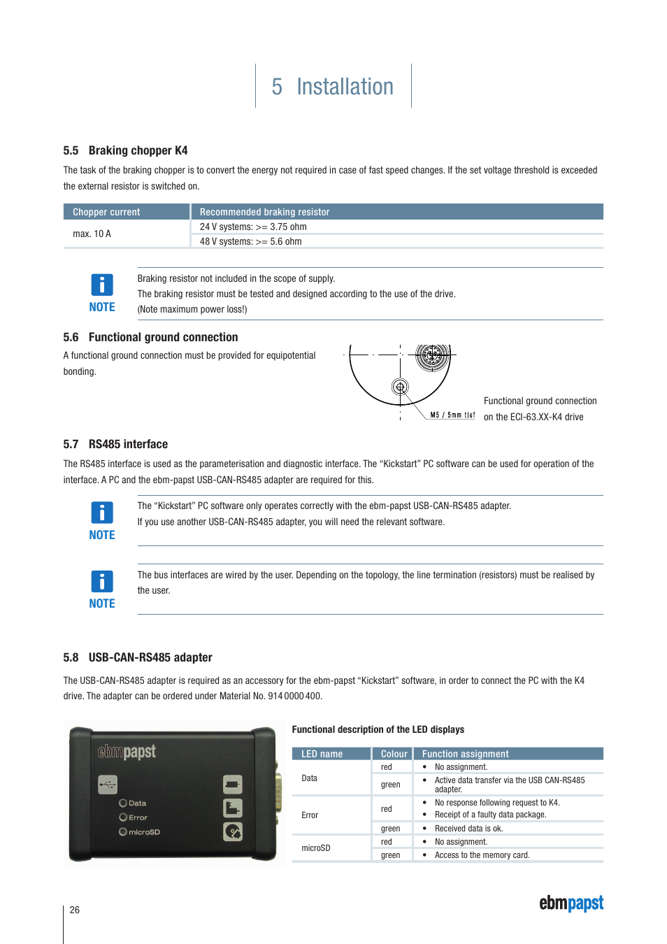 5 braking chopper k4, 6 functional ground connection, 7 rs485 interface | 8 usb-can-rs485 adapter, 5 installation | ebm-papst ECI-63.XX-K4 User Manual | Page 26 / 112