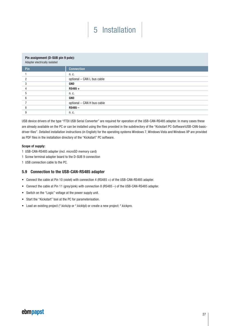 9 connection to the usb-can-rs485 adapter, 5 installation | ebm-papst ECI-63.XX-K4 User Manual | Page 27 / 112