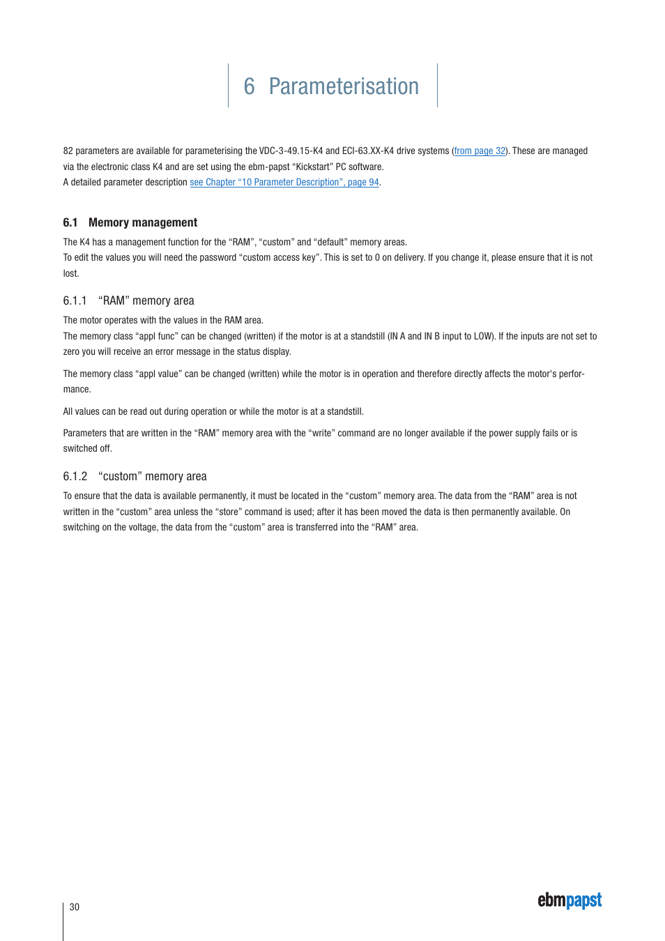 6 parameterisation, 1 memory management, 1 “ram” memory area | 2 “custom” memory area | ebm-papst ECI-63.XX-K4 User Manual | Page 30 / 112