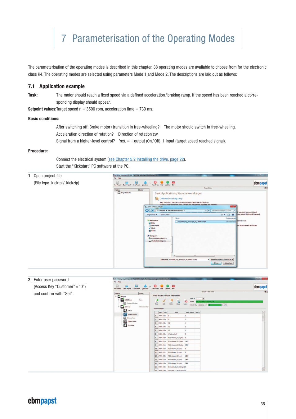 7 parameterisation of the operating modes, 1 application example | ebm-papst ECI-63.XX-K4 User Manual | Page 35 / 112