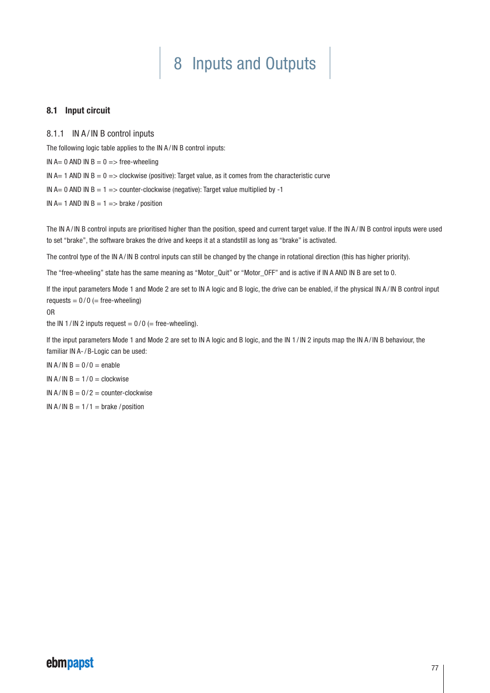 8 inputs and outputs, 1 input circuit, 1 in a / in b control inputs | ebm-papst ECI-63.XX-K4 User Manual | Page 77 / 112