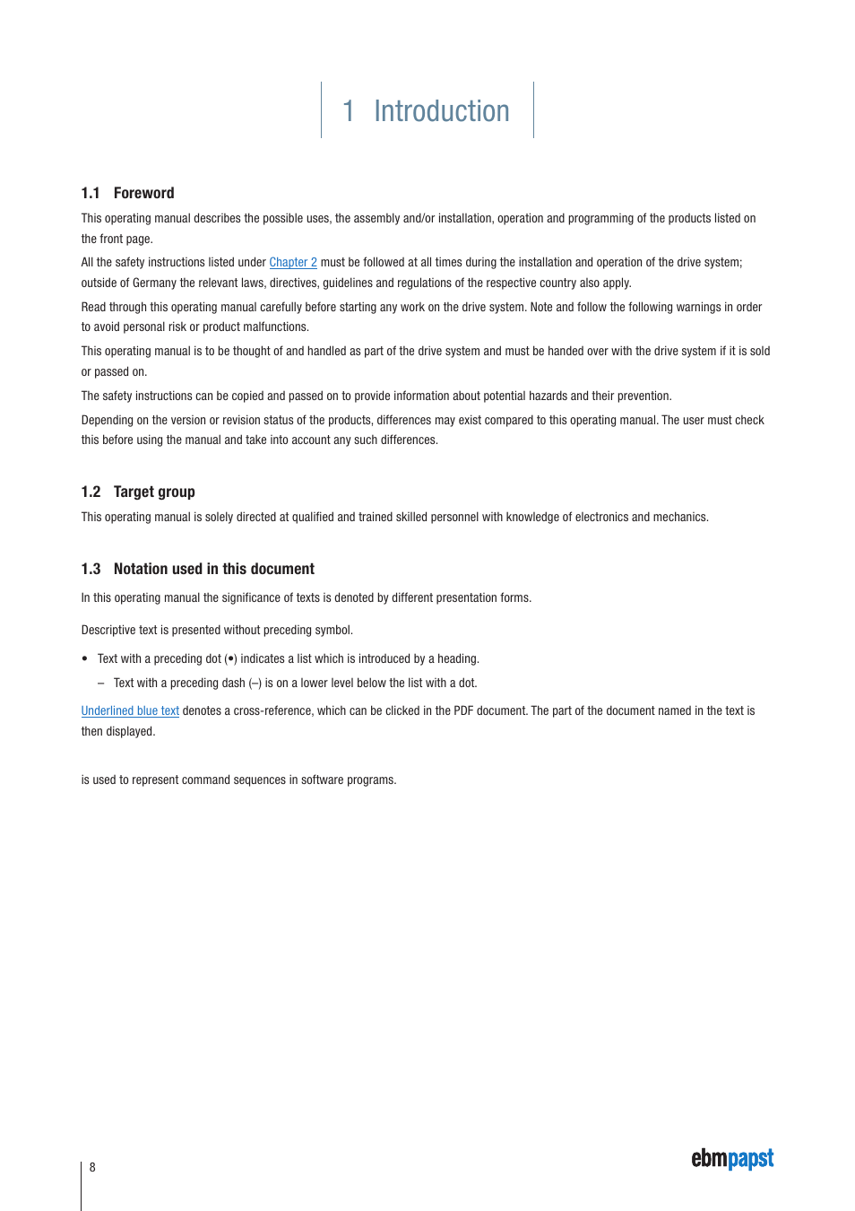 1 introduction, 1 foreword, 2 target group | 3 notation used in this document | ebm-papst ECI-63.XX-K4 User Manual | Page 8 / 112