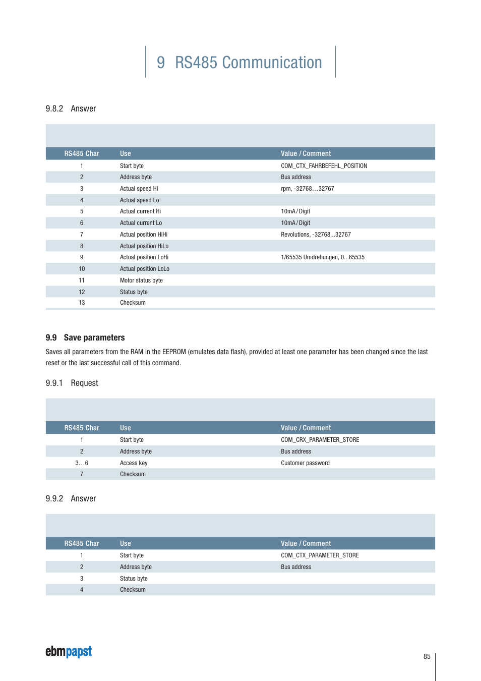 2 answer, 9 save parameters, 1 request | 9 rs485 communication | ebm-papst ECI-63.XX-K4 User Manual | Page 85 / 112