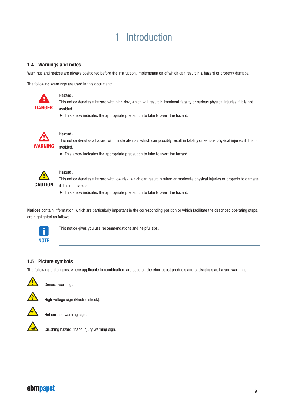4 warnings and notes, 5 picture symbols, 1 introduction | ebm-papst ECI-63.XX-K4 User Manual | Page 9 / 112