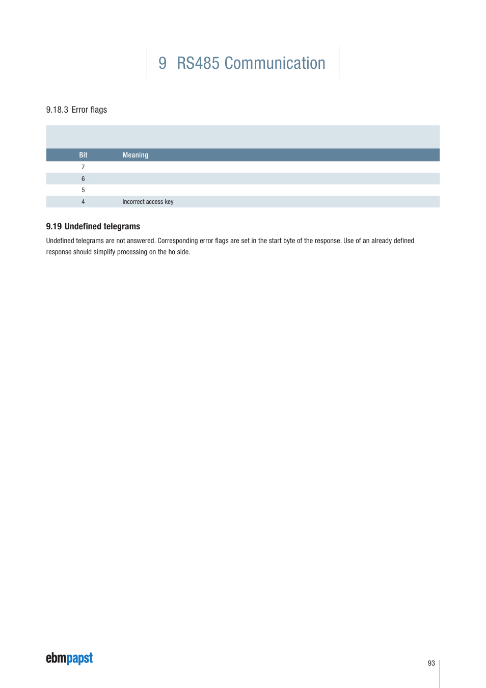 3 error flags, 19 undefined telegrams, 9 rs485 communication | ebm-papst ECI-63.XX-K4 User Manual | Page 93 / 112