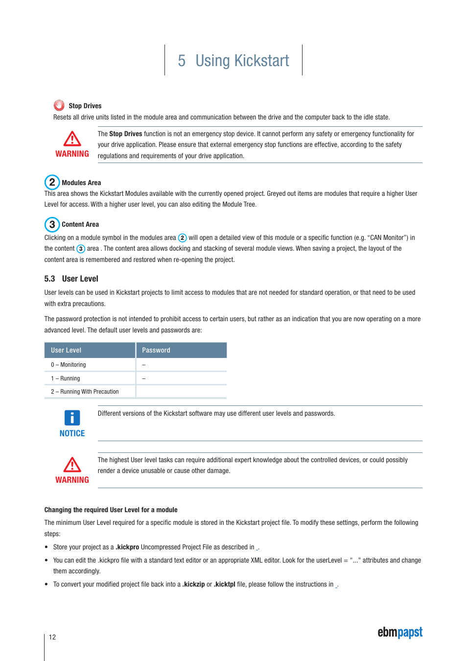 3 user level, 5 using kickstart | ebm-papst Kickstart User Manual | Page 12 / 33