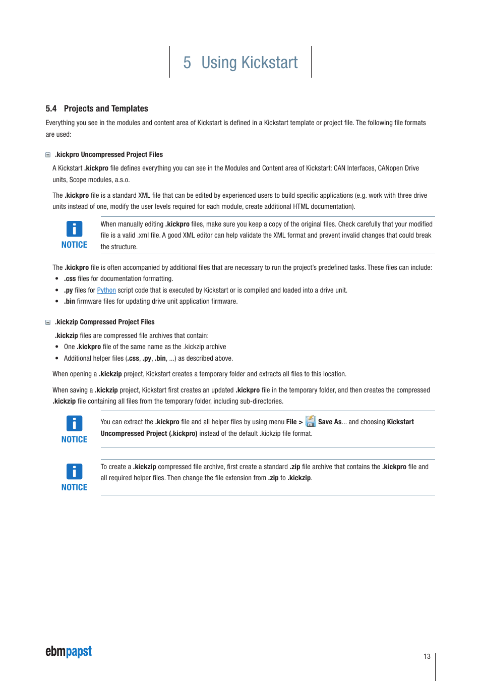 4 projects and templates, 5 using kickstart | ebm-papst Kickstart User Manual | Page 13 / 33