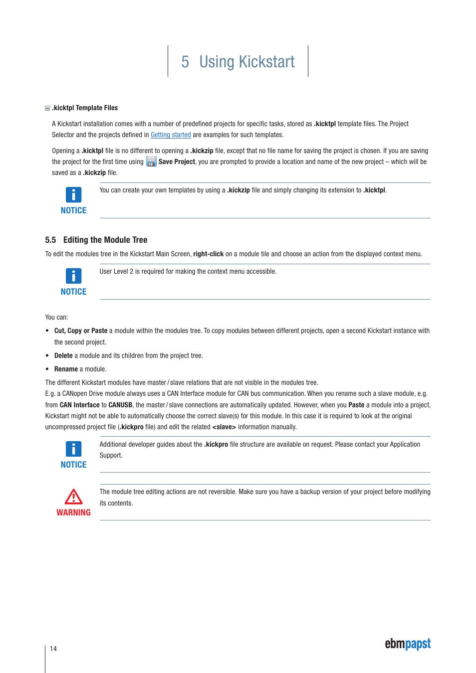 5 editing the module tree, 5 using kickstart | ebm-papst Kickstart User Manual | Page 14 / 33