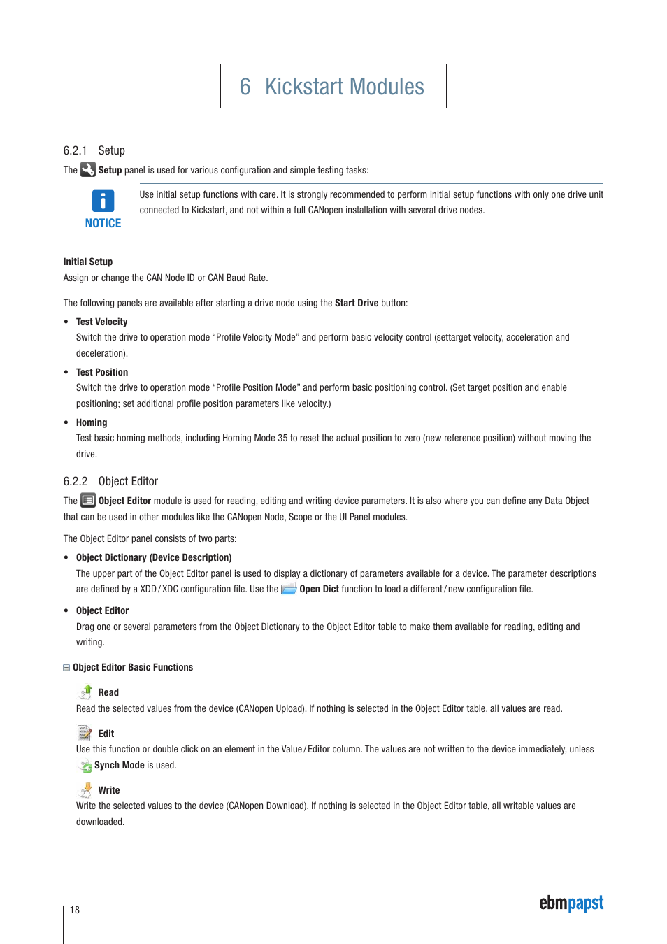 1 setup, 2 object editor, 6 kickstart modules | ebm-papst Kickstart User Manual | Page 18 / 33