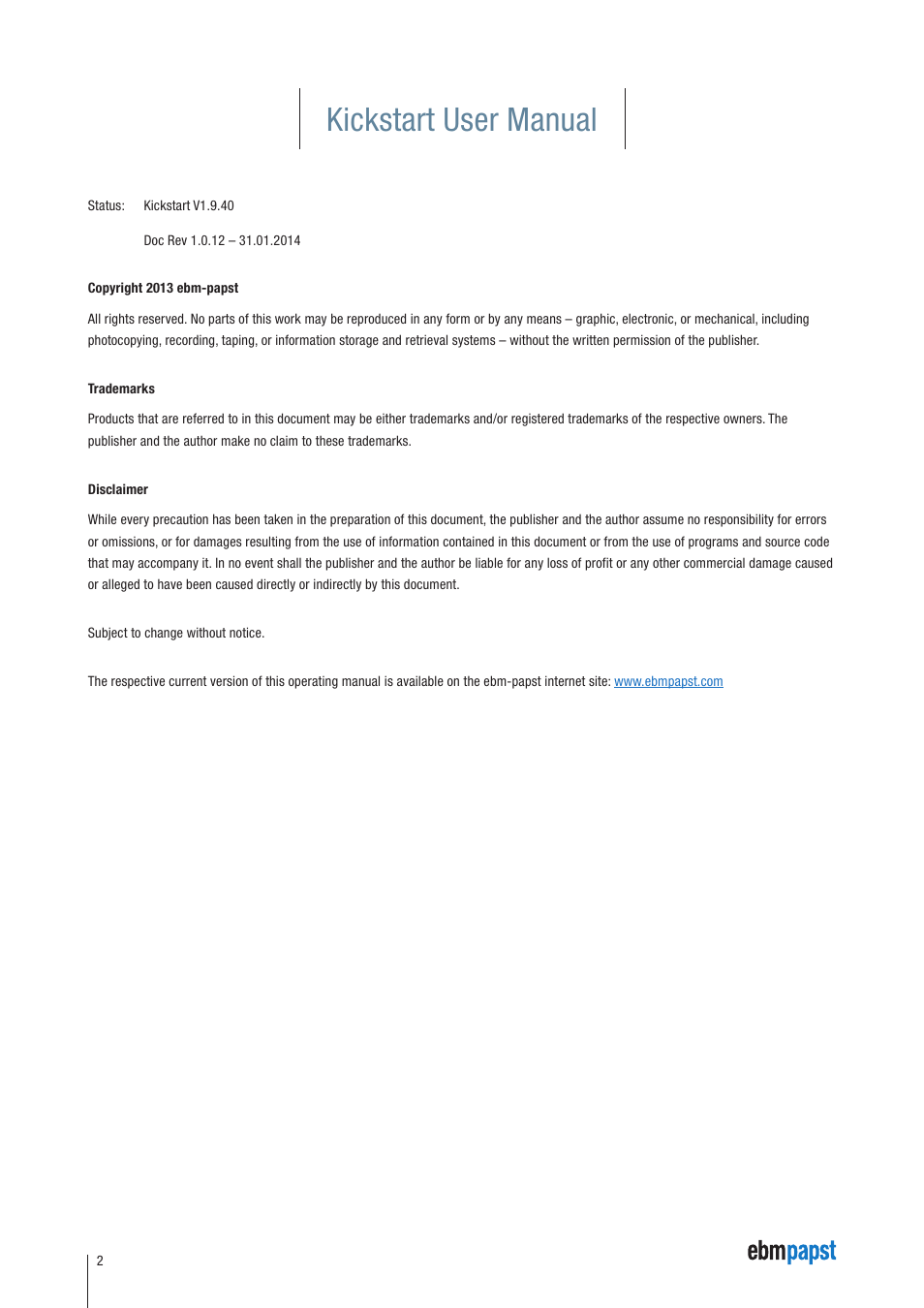 Kickstart user manual | ebm-papst Kickstart User Manual | Page 2 / 33