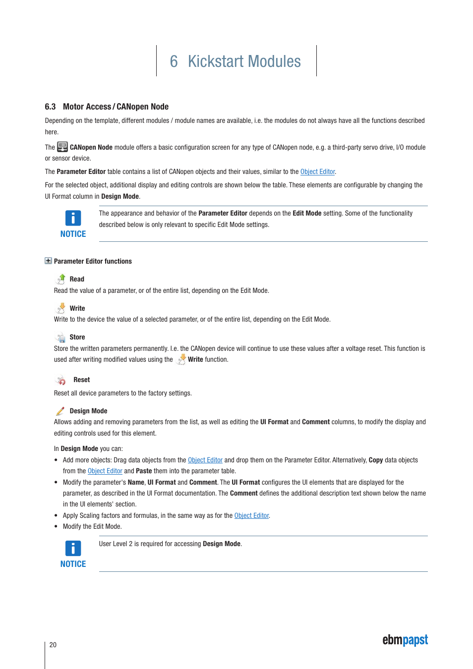 3 motor access / canopen node, Motor access / canopen node 20, 6 kickstart modules | ebm-papst Kickstart User Manual | Page 20 / 33