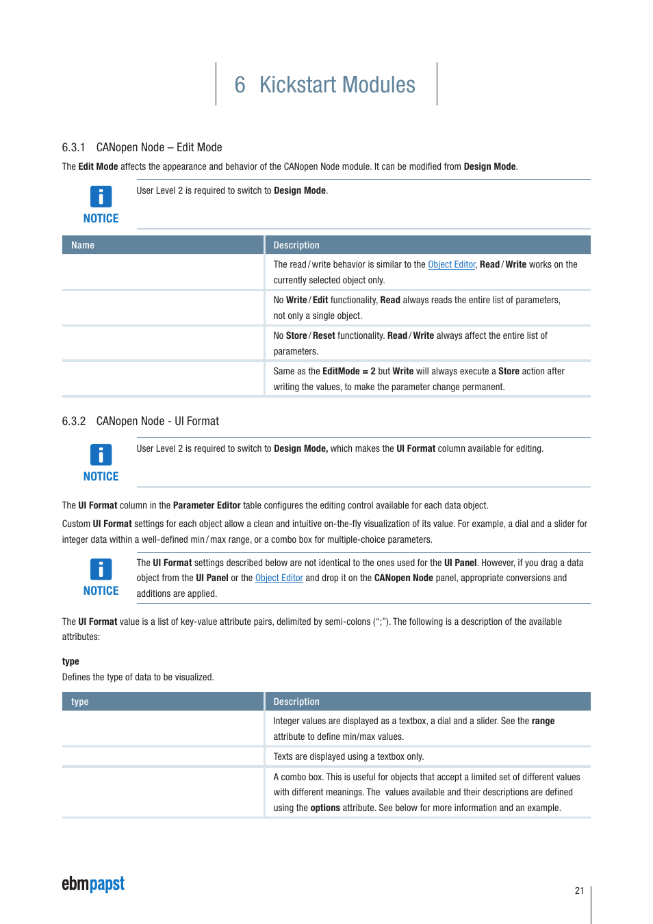 1 canopen node – edit mode, 2 canopen node - ui format, 6 kickstart modules | ebm-papst Kickstart User Manual | Page 21 / 33