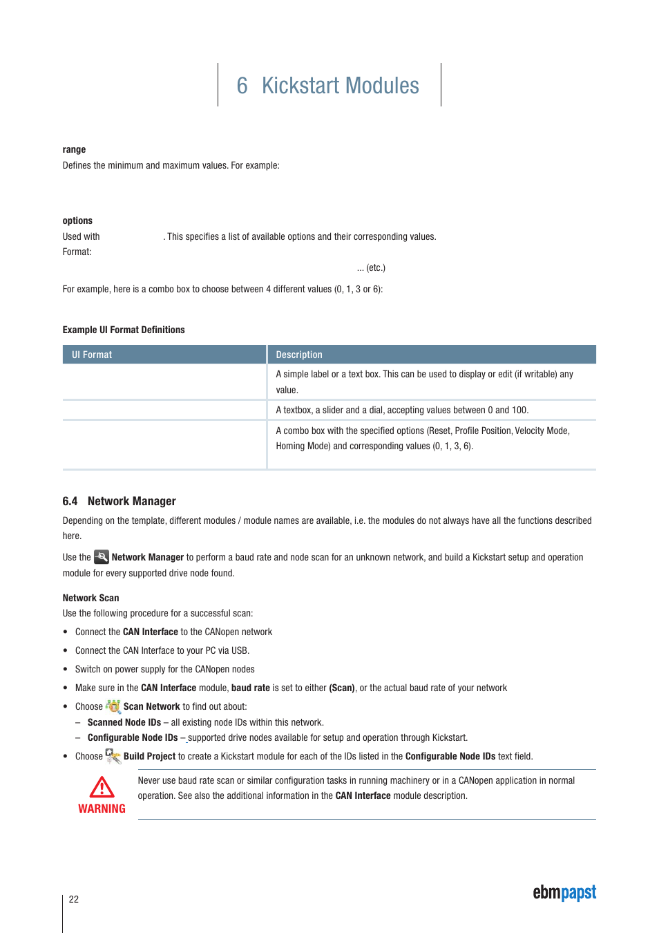 4 network manager, 6 kickstart modules | ebm-papst Kickstart User Manual | Page 22 / 33