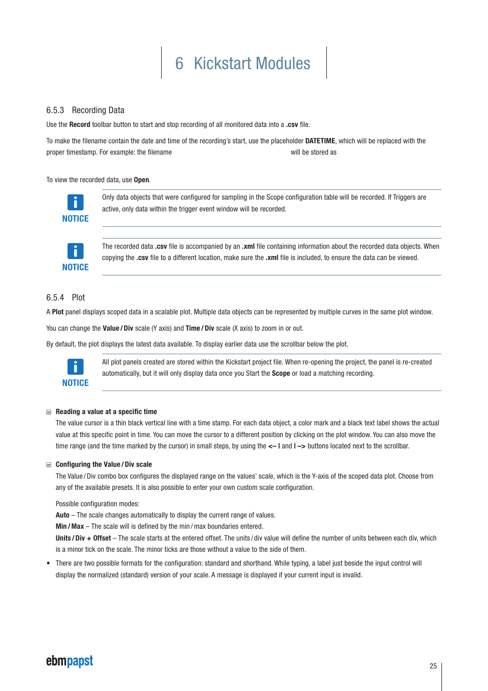 3 recording data, 4 plot, 6 kickstart modules | ebm-papst Kickstart User Manual | Page 25 / 33
