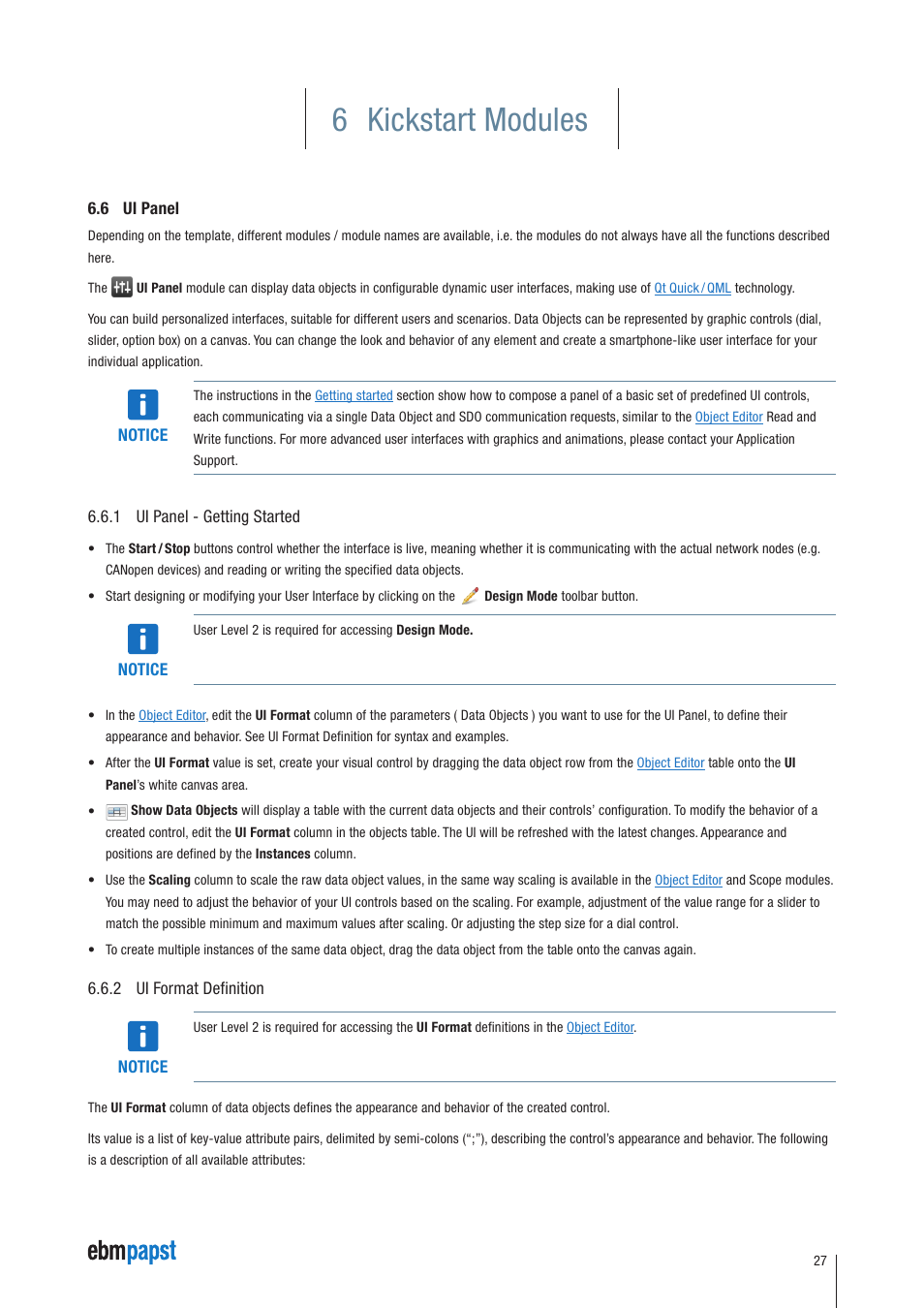 6 ui panel, 1 ui panel - getting started, 2 ui format definition | 6 kickstart modules | ebm-papst Kickstart User Manual | Page 27 / 33