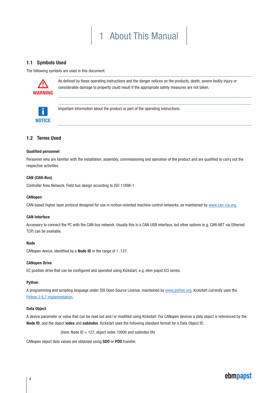 1 about this manual, 1 symbols used, 2 terms used | ebm-papst Kickstart User Manual | Page 4 / 33