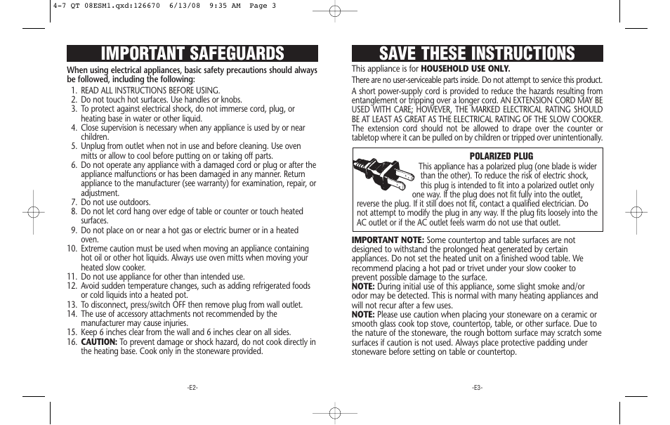 Save these instructions, Important safeguards | Crock-Pot 126670-08 User Manual | Page 2 / 17