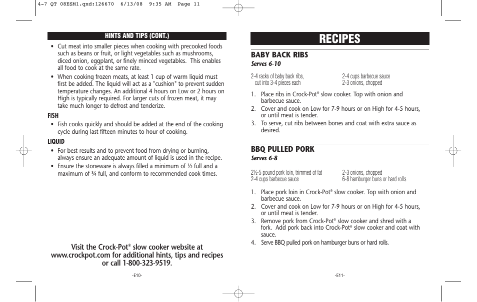 Recipes, Visit the crock-pot, Baby back ribs | Bbq pulled pork | Crock-Pot 126670-08 User Manual | Page 6 / 17