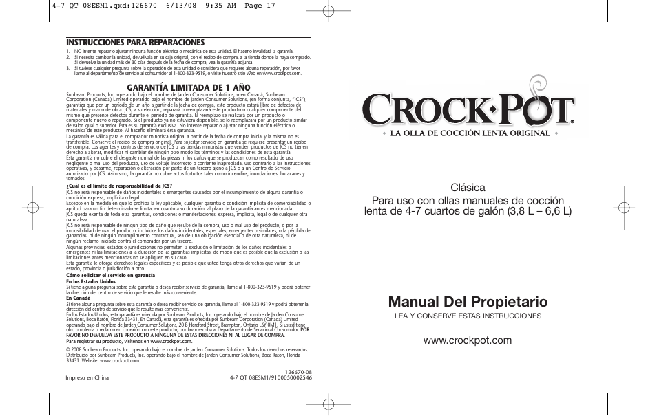 Manual del propietario, Instrucciones para reparaciones, Garantía limitada de 1 año | Crock-Pot 126670-08 User Manual | Page 9 / 17