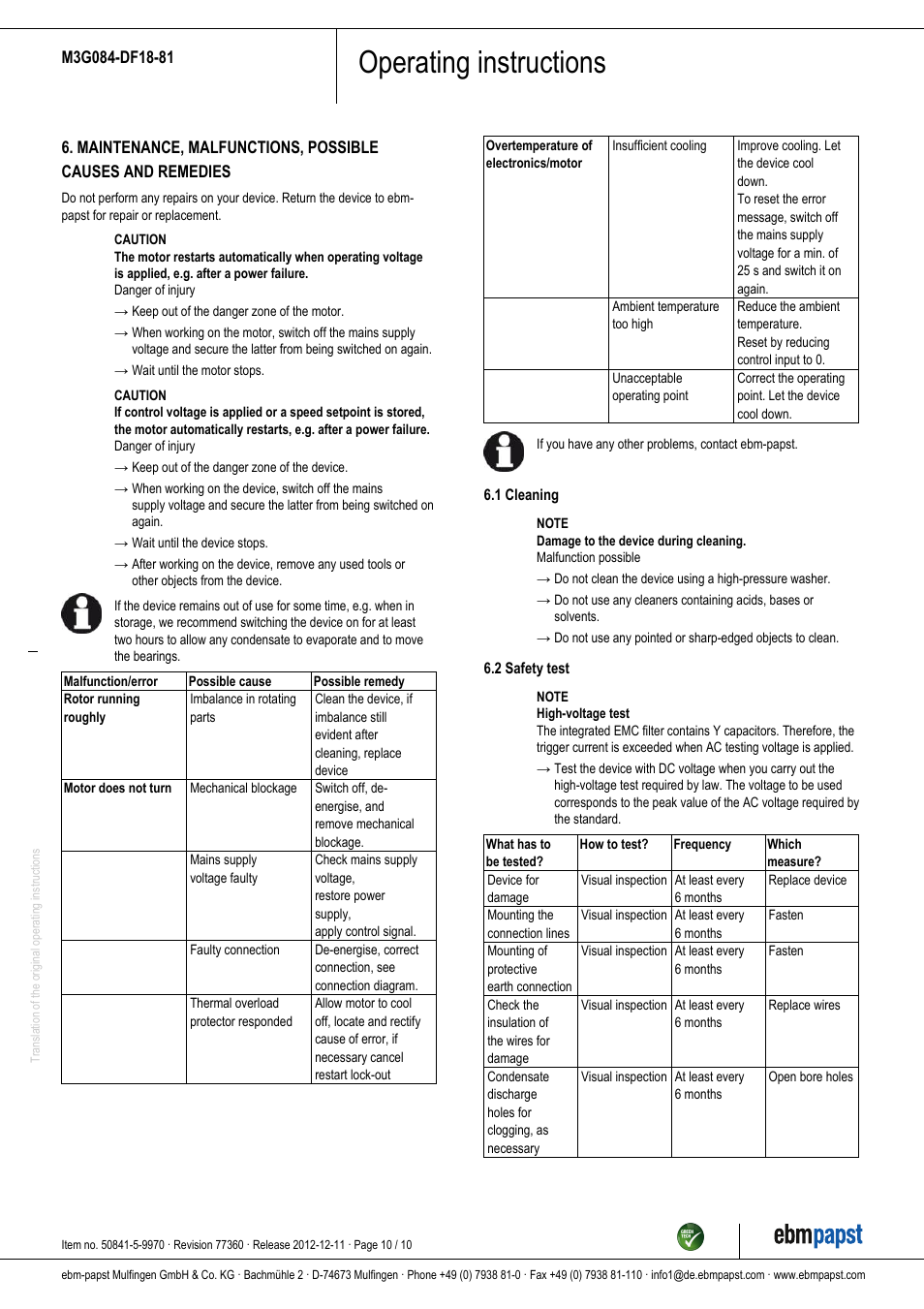 Operating instructions | ebm-papst M3G084-DF18-81 User Manual | Page 10 / 10