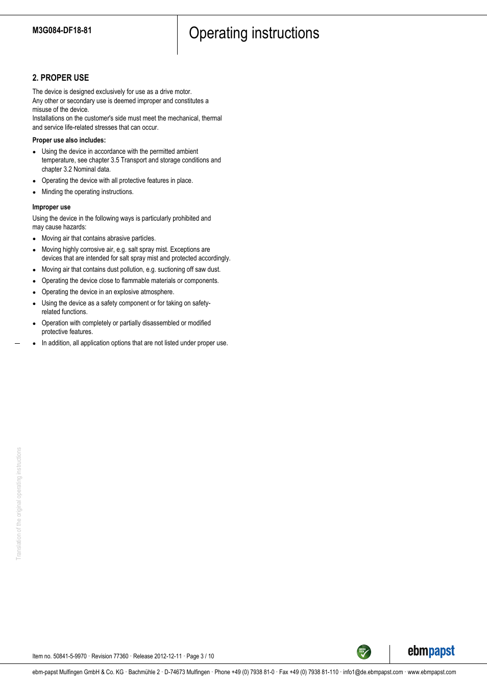 Operating instructions, Proper use | ebm-papst M3G084-DF18-81 User Manual | Page 3 / 10