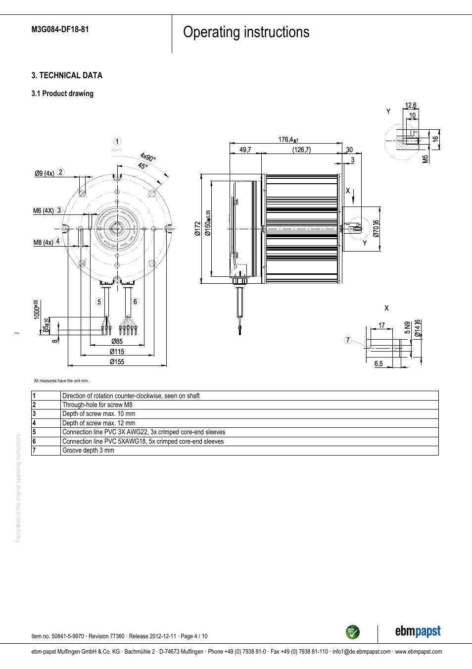 Operating instructions | ebm-papst M3G084-DF18-81 User Manual | Page 4 / 10