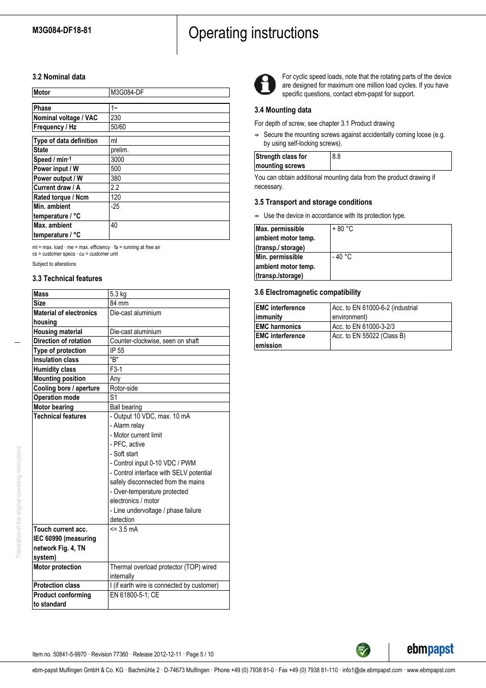 Operating instructions | ebm-papst M3G084-DF18-81 User Manual | Page 5 / 10