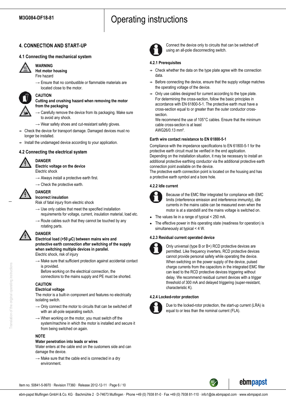 Operating instructions | ebm-papst M3G084-DF18-81 User Manual | Page 6 / 10