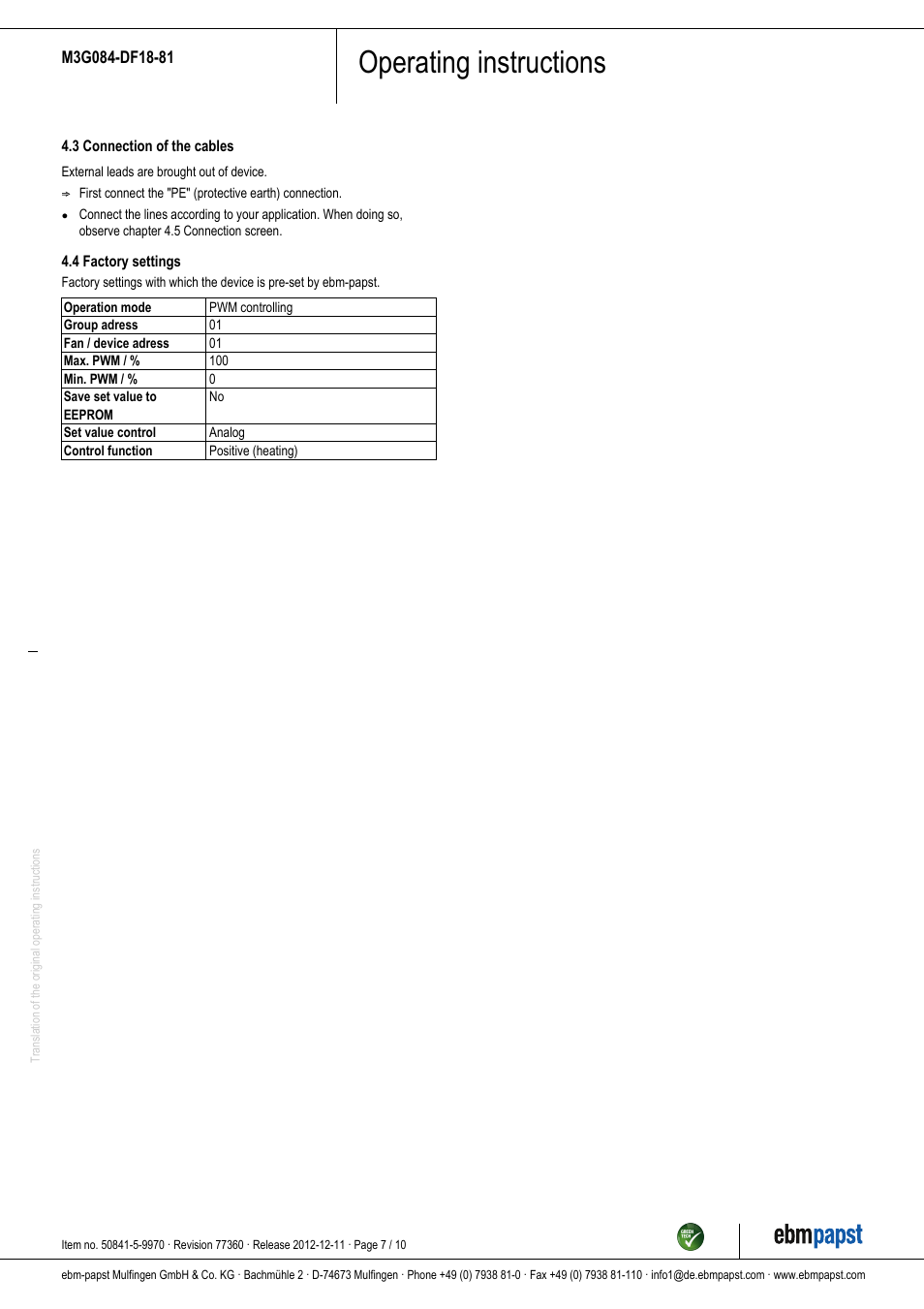 Operating instructions | ebm-papst M3G084-DF18-81 User Manual | Page 7 / 10
