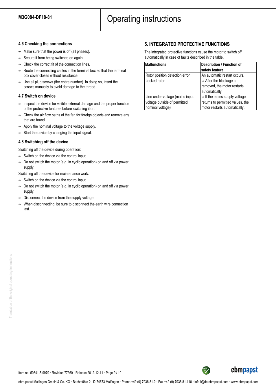 Operating instructions | ebm-papst M3G084-DF18-81 User Manual | Page 9 / 10