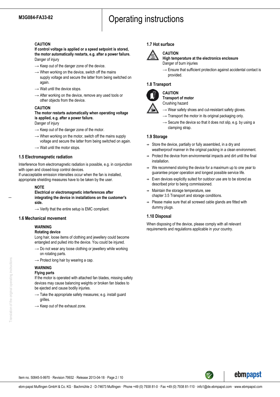 Operating instructions | ebm-papst M3G084-FA33-82 User Manual | Page 2 / 10