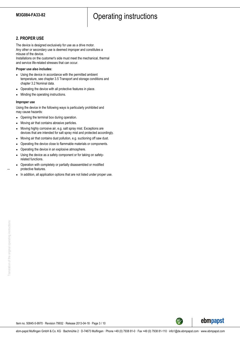 Operating instructions, Proper use | ebm-papst M3G084-FA33-82 User Manual | Page 3 / 10