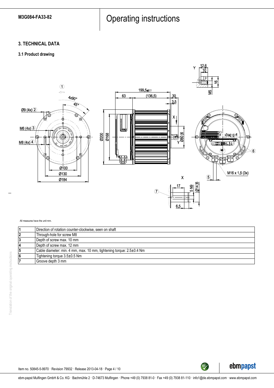 Operating instructions | ebm-papst M3G084-FA33-82 User Manual | Page 4 / 10
