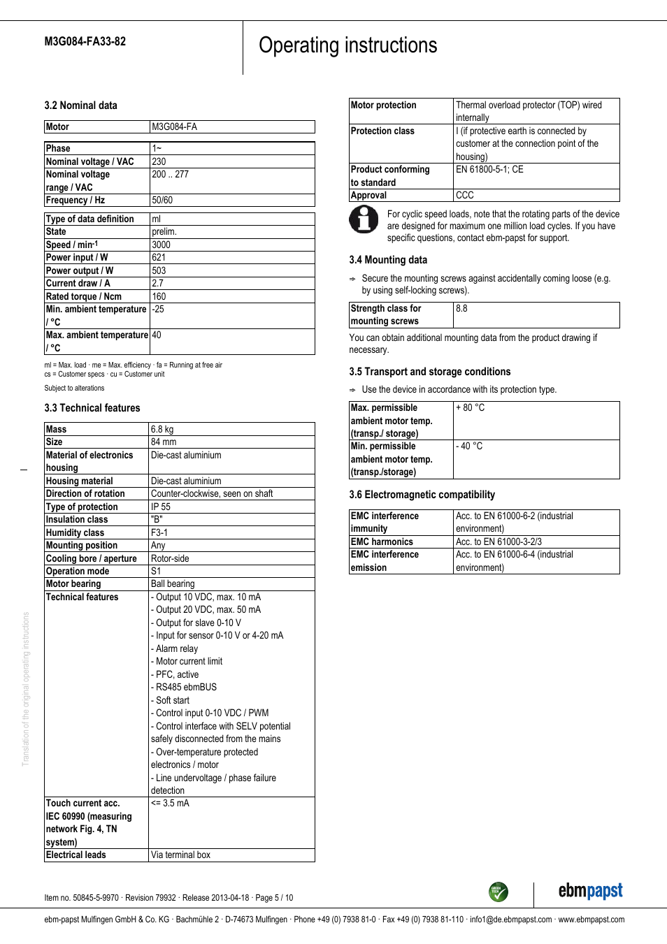 Operating instructions | ebm-papst M3G084-FA33-82 User Manual | Page 5 / 10