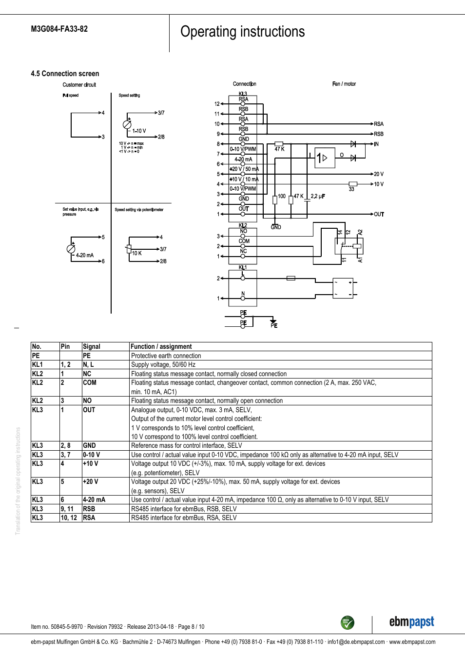 Operating instructions | ebm-papst M3G084-FA33-82 User Manual | Page 8 / 10