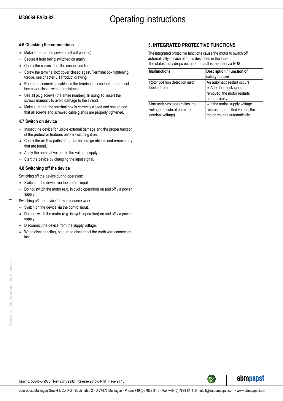 Operating instructions | ebm-papst M3G084-FA33-82 User Manual | Page 9 / 10