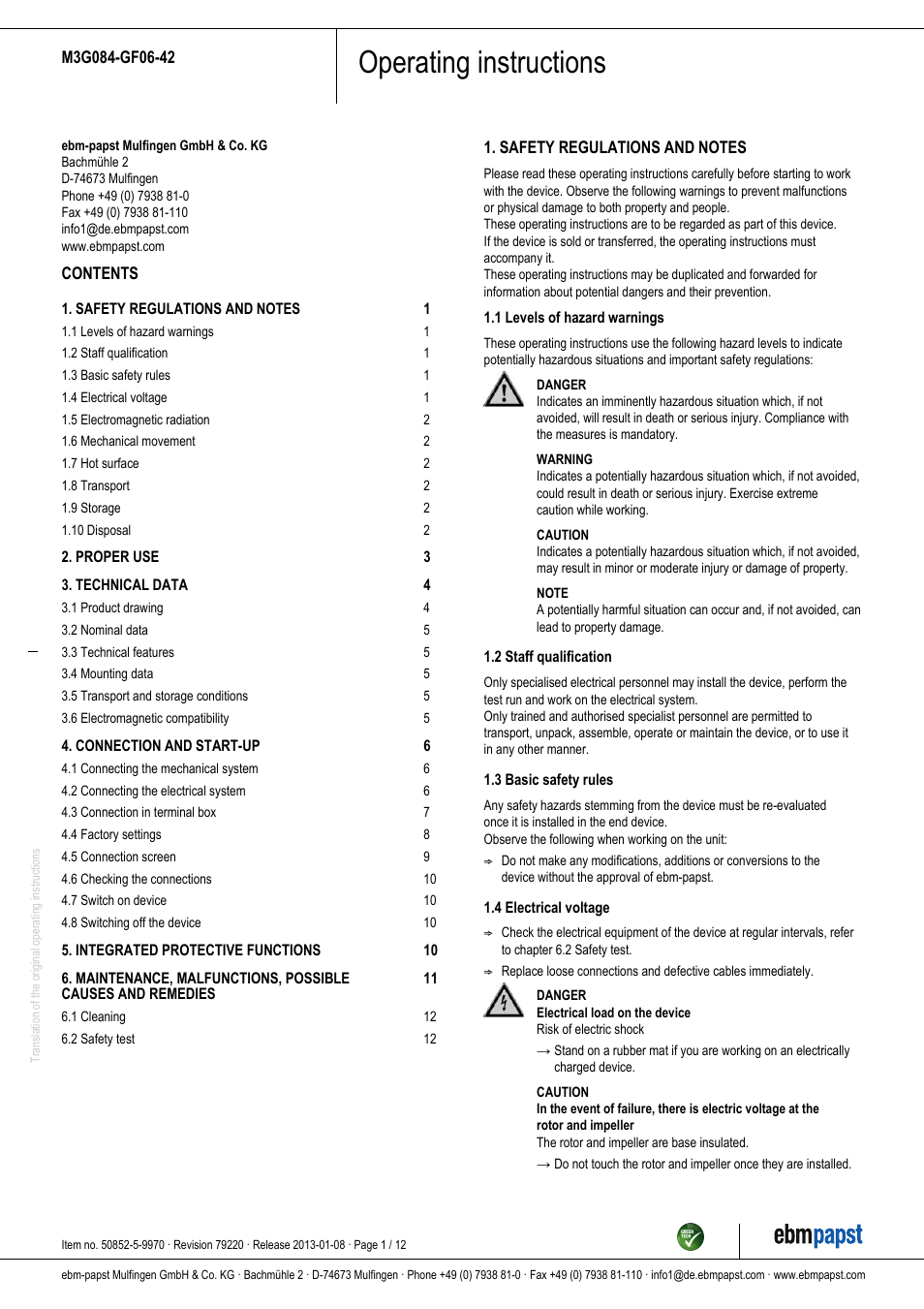 ebm-papst M3G084-GF06-42 User Manual | 12 pages